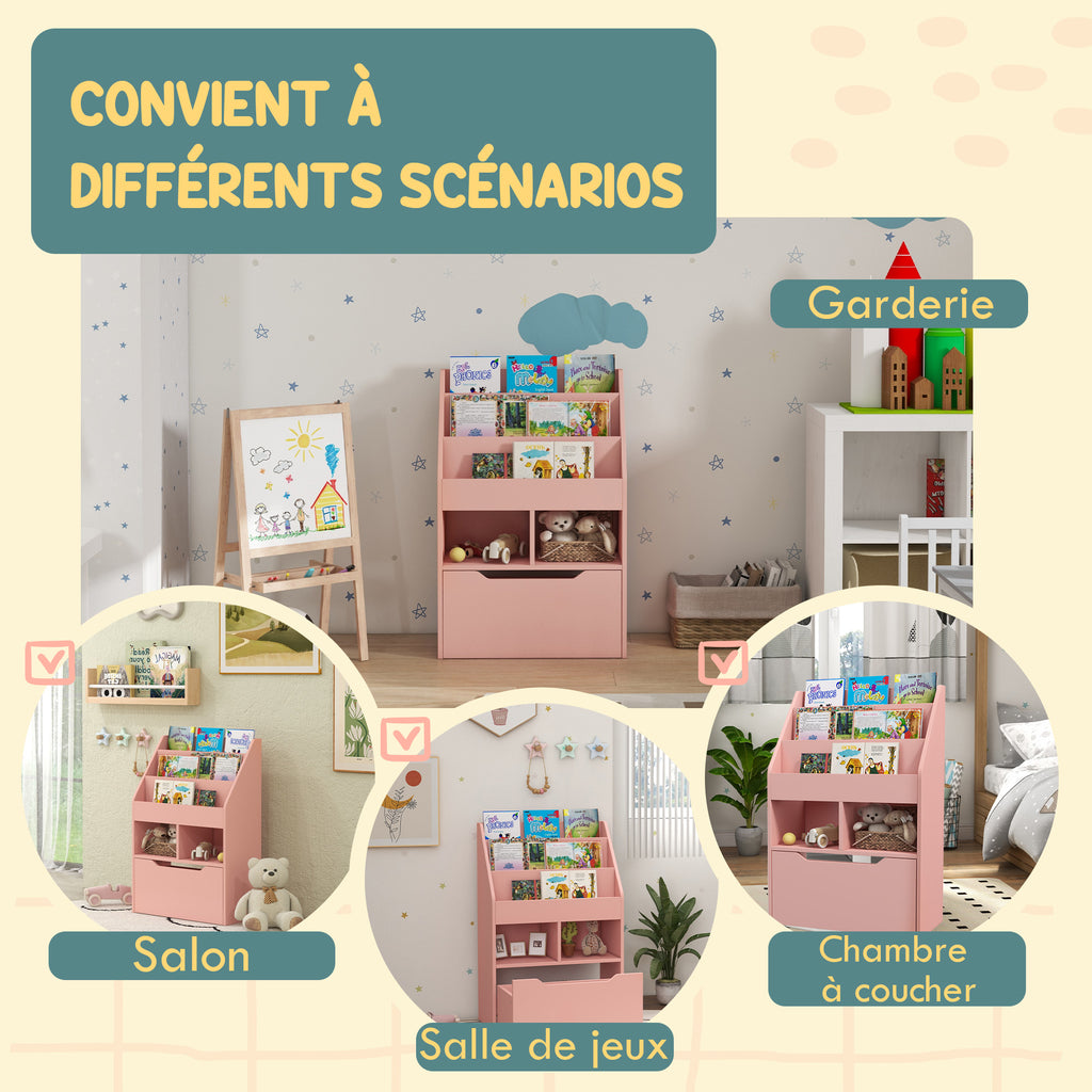 Bibliothèque étagère Multi-Rangement 3 étagères 2 niches Grand tiroir en bois Rose-6