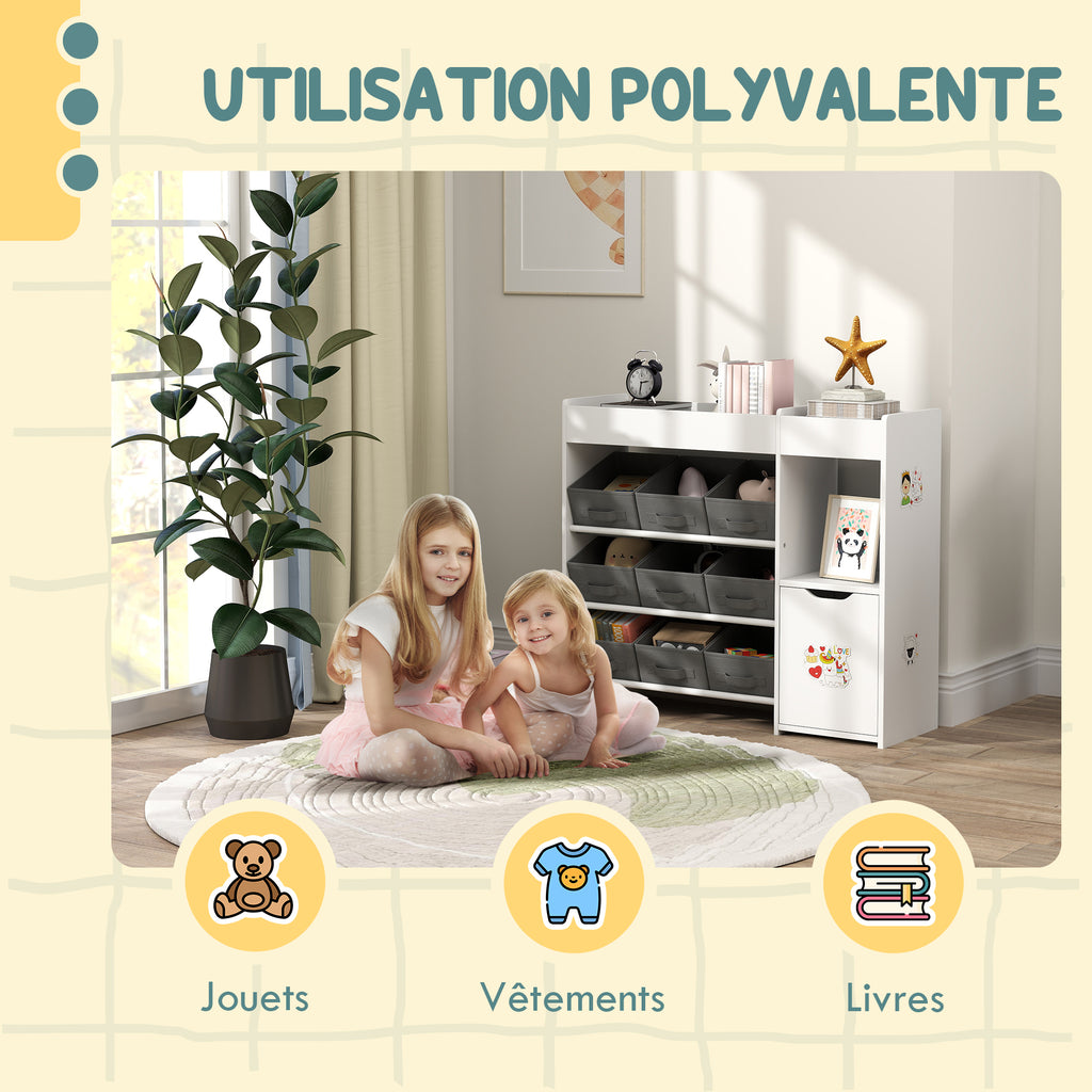 Meuble rangement enfant étagère de rangement pour jouets enfants avec 9 tiroirs en tissu et placard, blanc-6