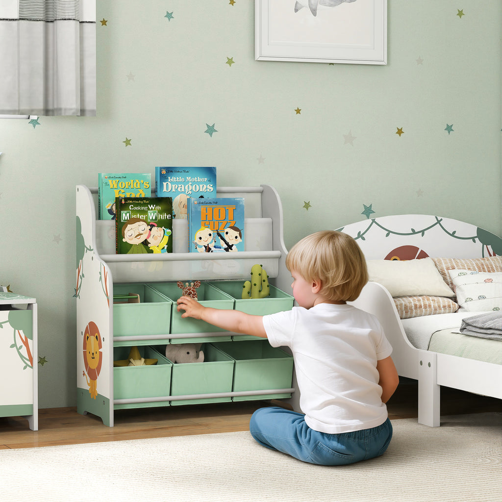 Meuble rangement enfant, rangement jouet enfant, 6 tiroirs en tissu et étagère à deux niveaux, 63x30x71cm, vert-1