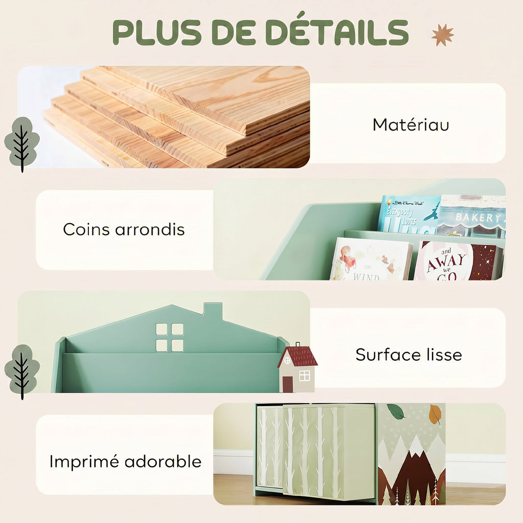 Meuble rangement enfant, bibliothèque enfants avec étagères ouvertes et 2 tiroirs en tissu, MDF, vert-6