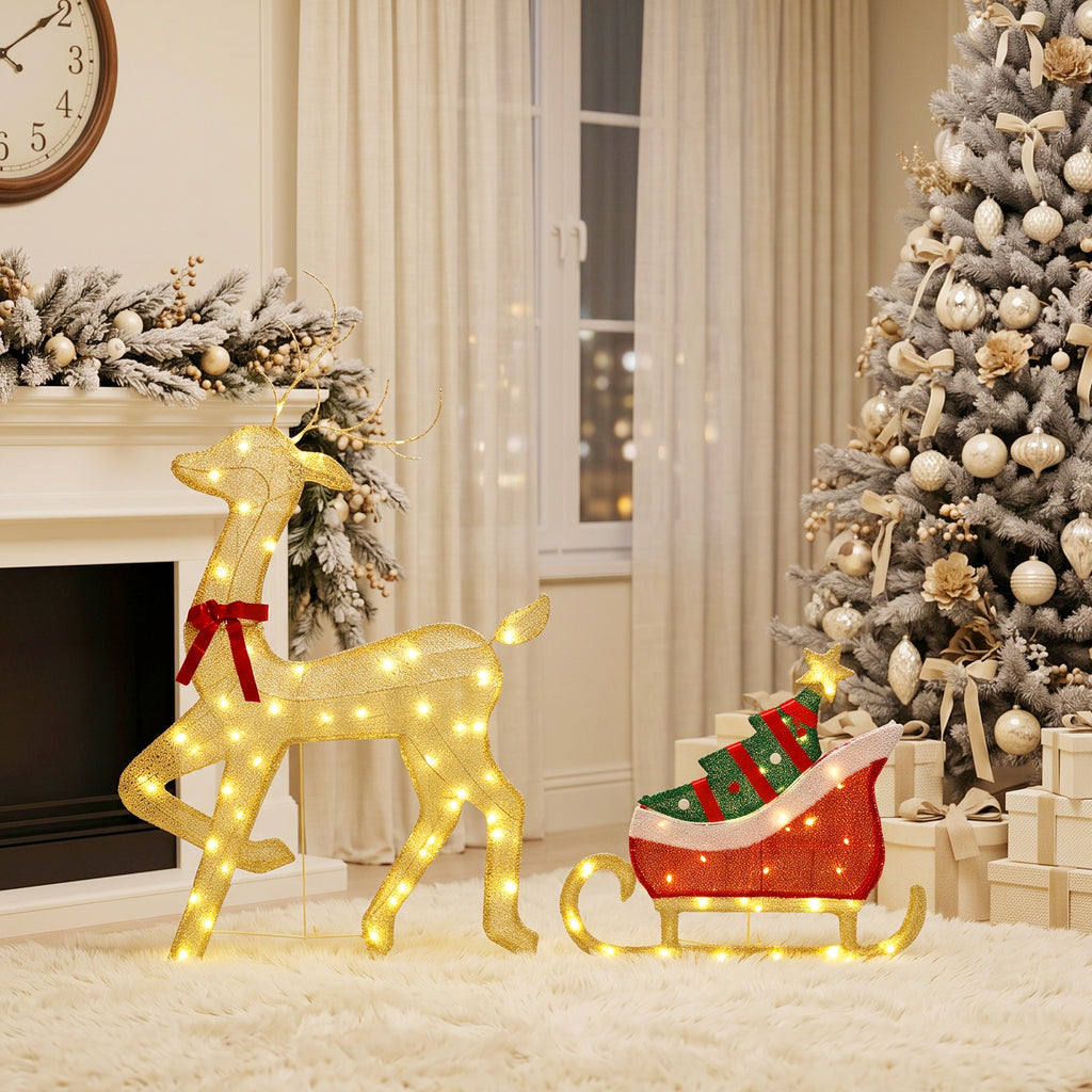 Renne et traîneau lumineux, décoration de Noël extérieure, 95 LED blanc chaud, 8 modes, minuterie quotidienne-8