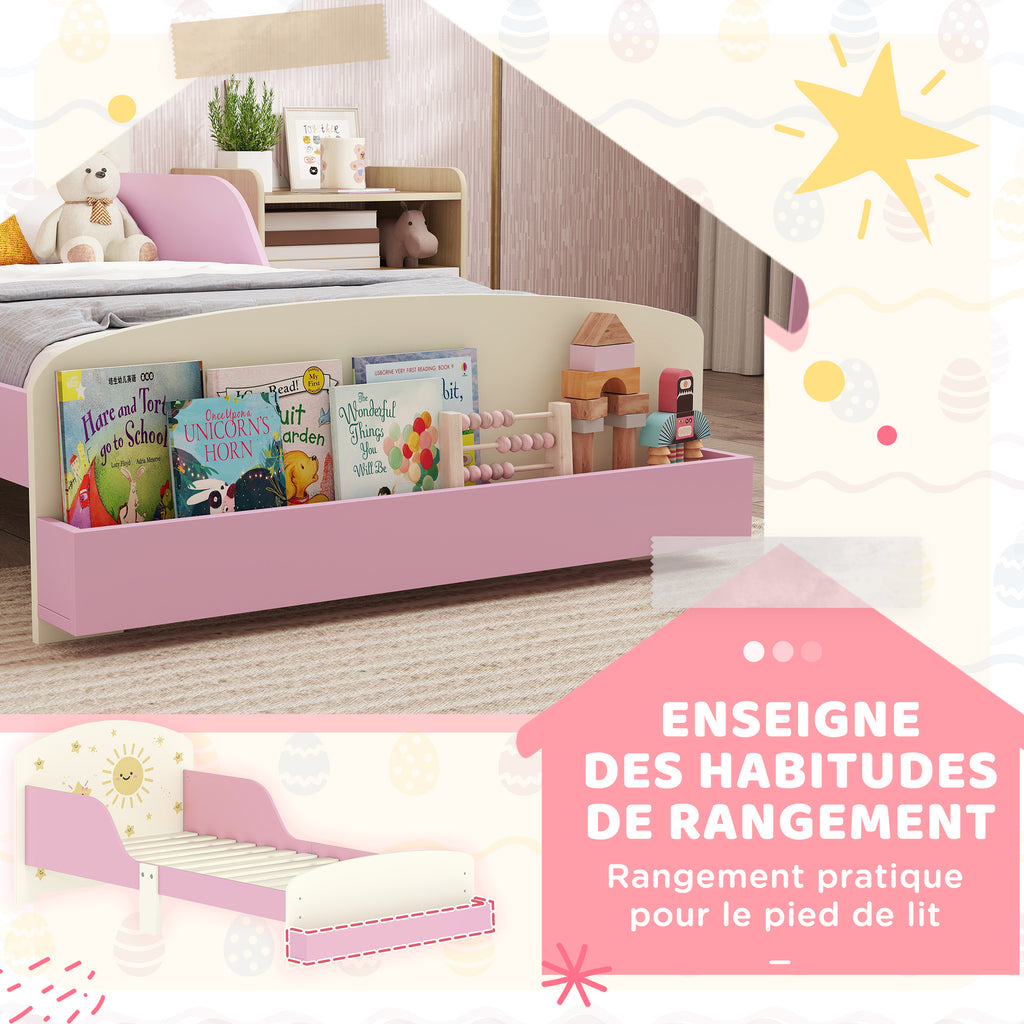 Lit enfant 70 x 140 cm, lit pour enfant avec barriere de securite et sommier à lattes, espace de rangement, rose-5