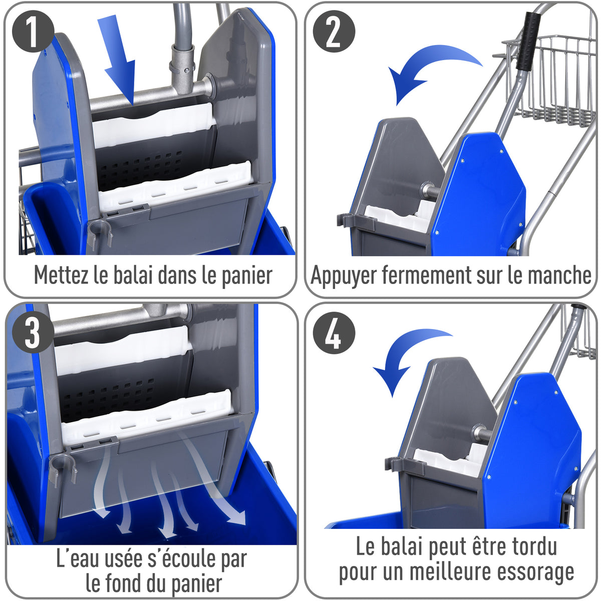 Chariot de ménage chariot de lavage chariot de nettoyage professionnel presse à mâchoire seau 26 L + panier de rangements dim. 73L x 45l x 95H cm bleu-6