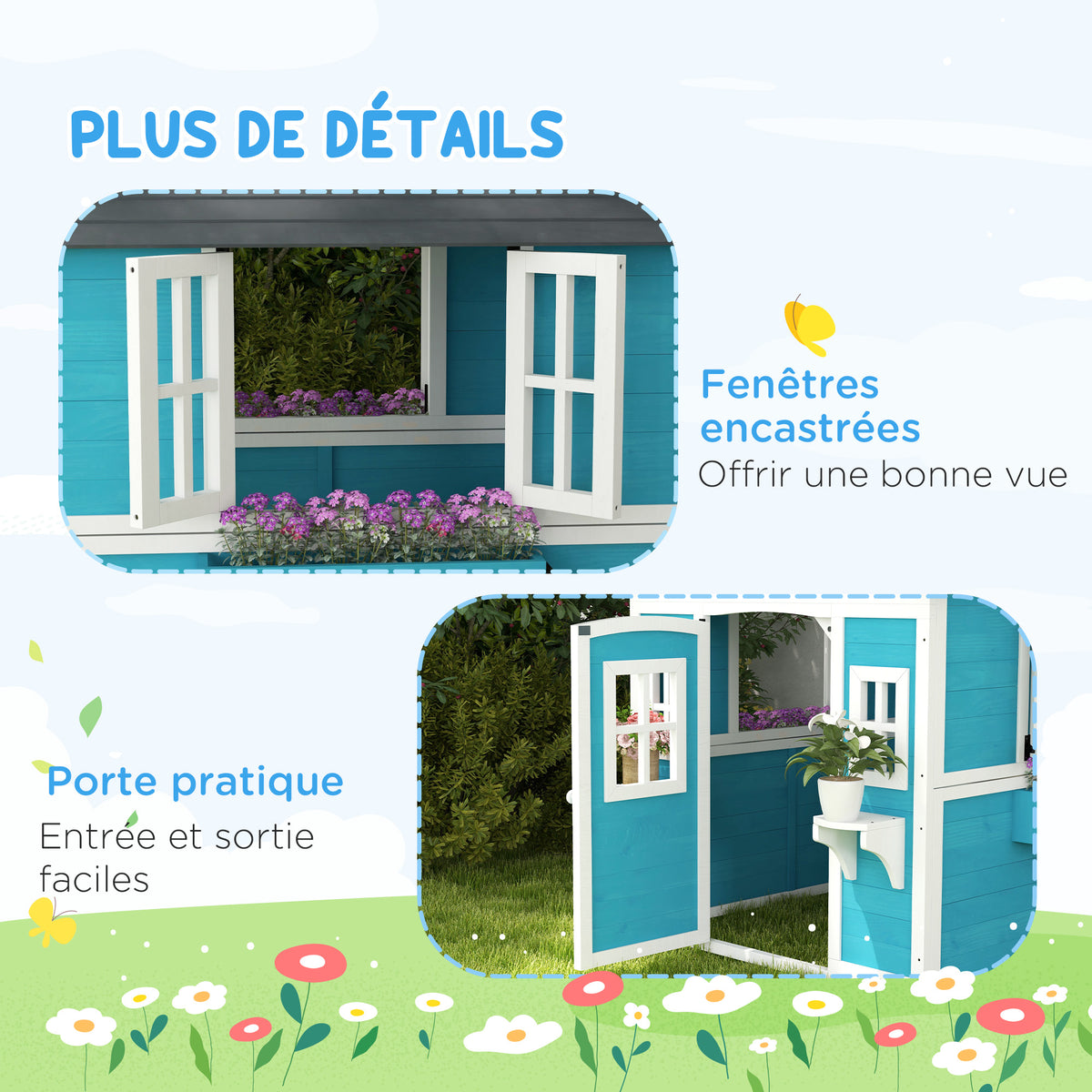 Cabane enfant extérieur maison enfant extérieure avec porte fenêtres et jardinières 114 x 126,4 x 135 cm bleu-6