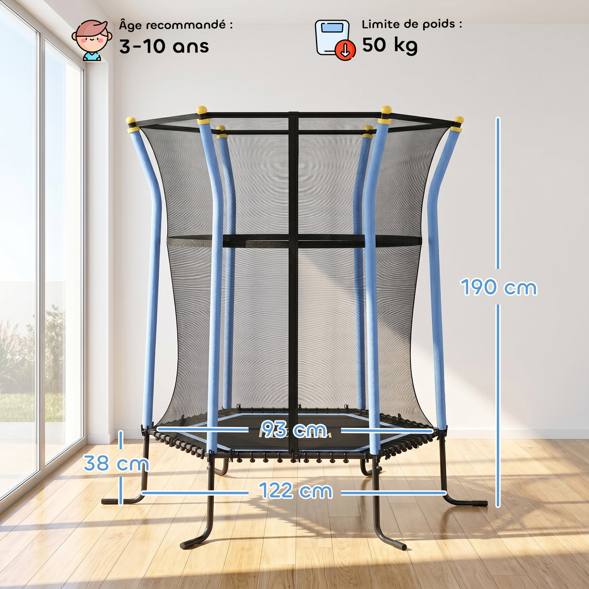 Trampoline pour enfant 1,22 x 1,11 x 1,9 m filet de sécurité porte zippée 6 poteaux rembourrés inclus bleu noir-2