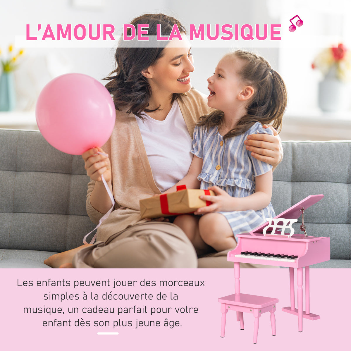 Piano à queue enfant en bois Piano enfant clavier de piano 30 touches - tabouret et pupitre inlus - Instrument de Musique - MDF rose-5