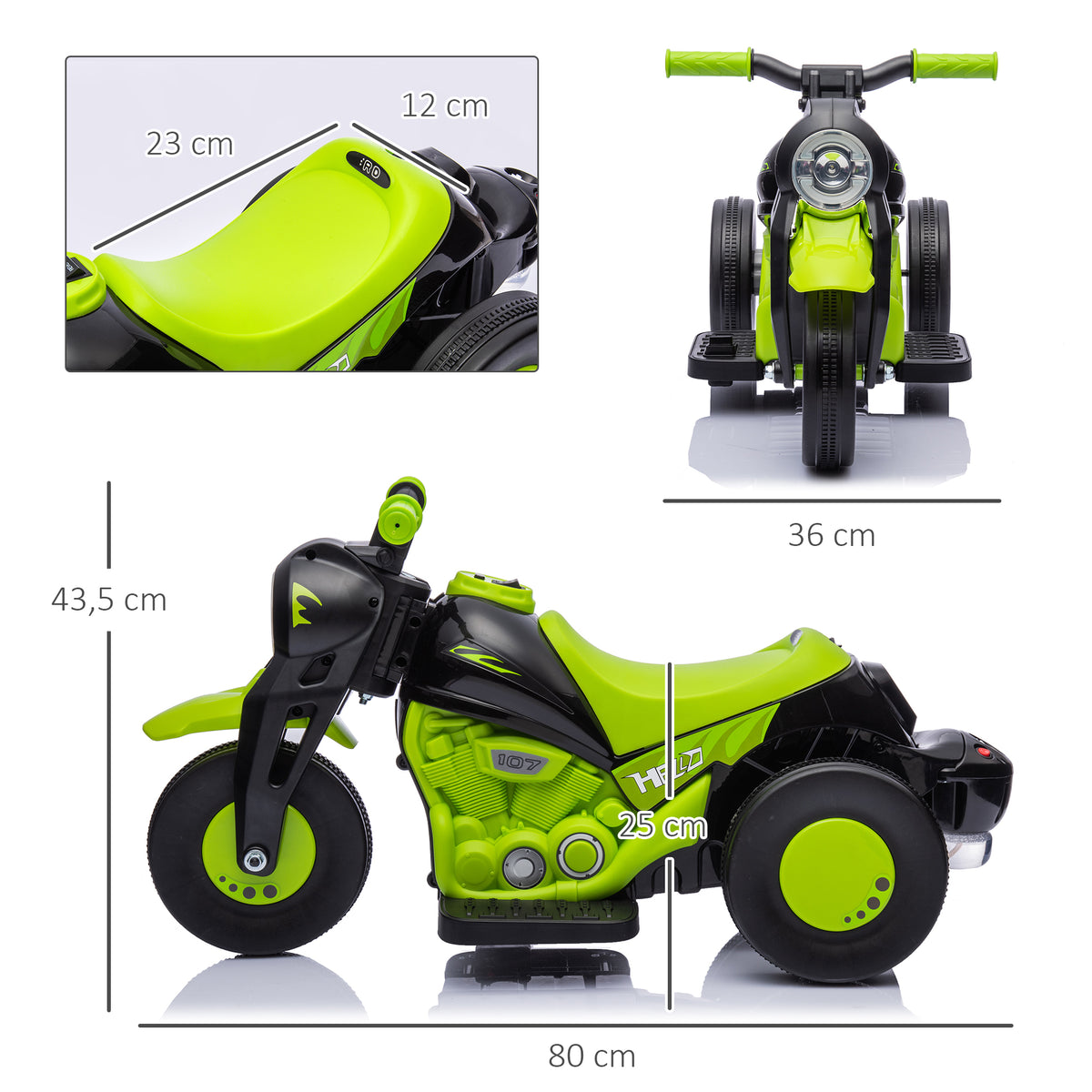Moto électrique enfants 2-5 ans, 3 roues, 6 V, 3 km/h, avec fonction de bulles, effets lumineux et sonores, vert-2