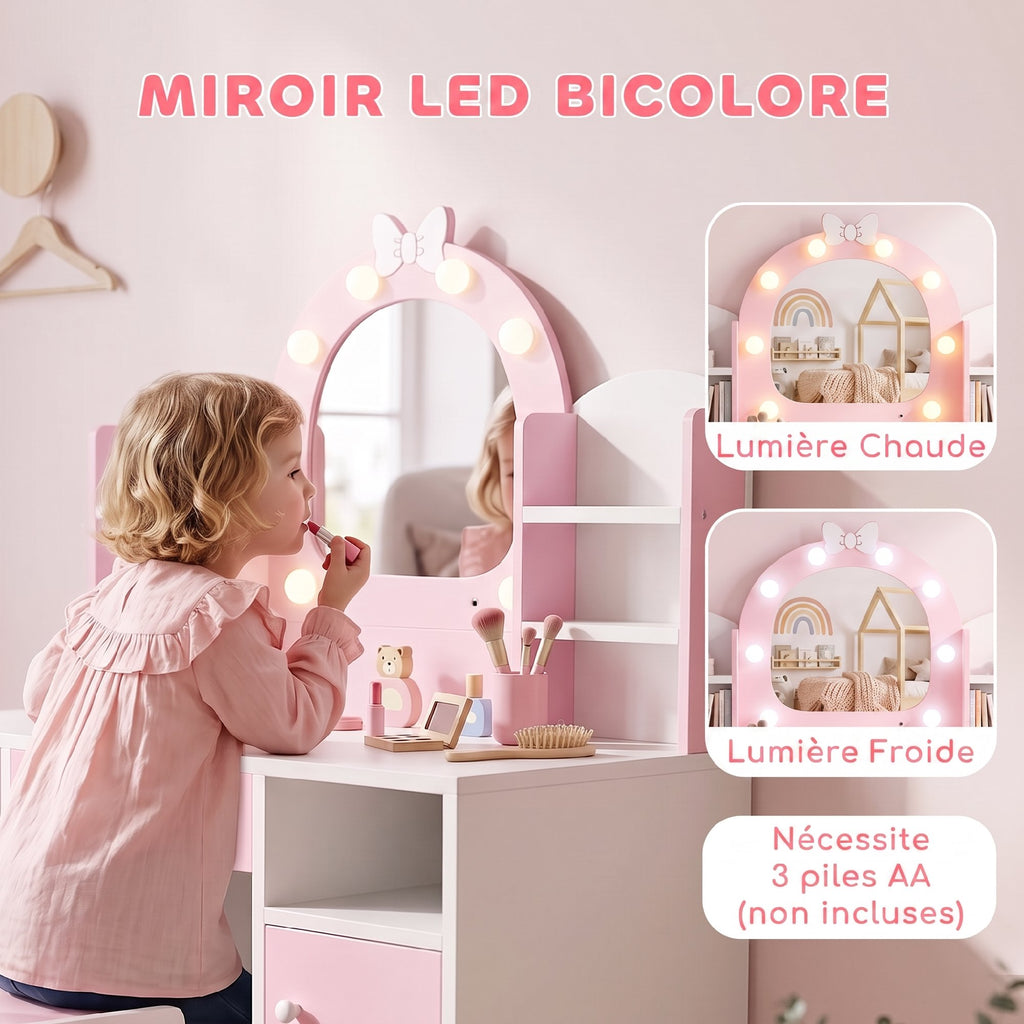 Coiffeuse pour Enfants avec Tabouret et Miroir Lumineux à 2 Couleurs en Acrylique, pour 3-8 Ans, 90 x 41 x 104 cm, Rose-3
