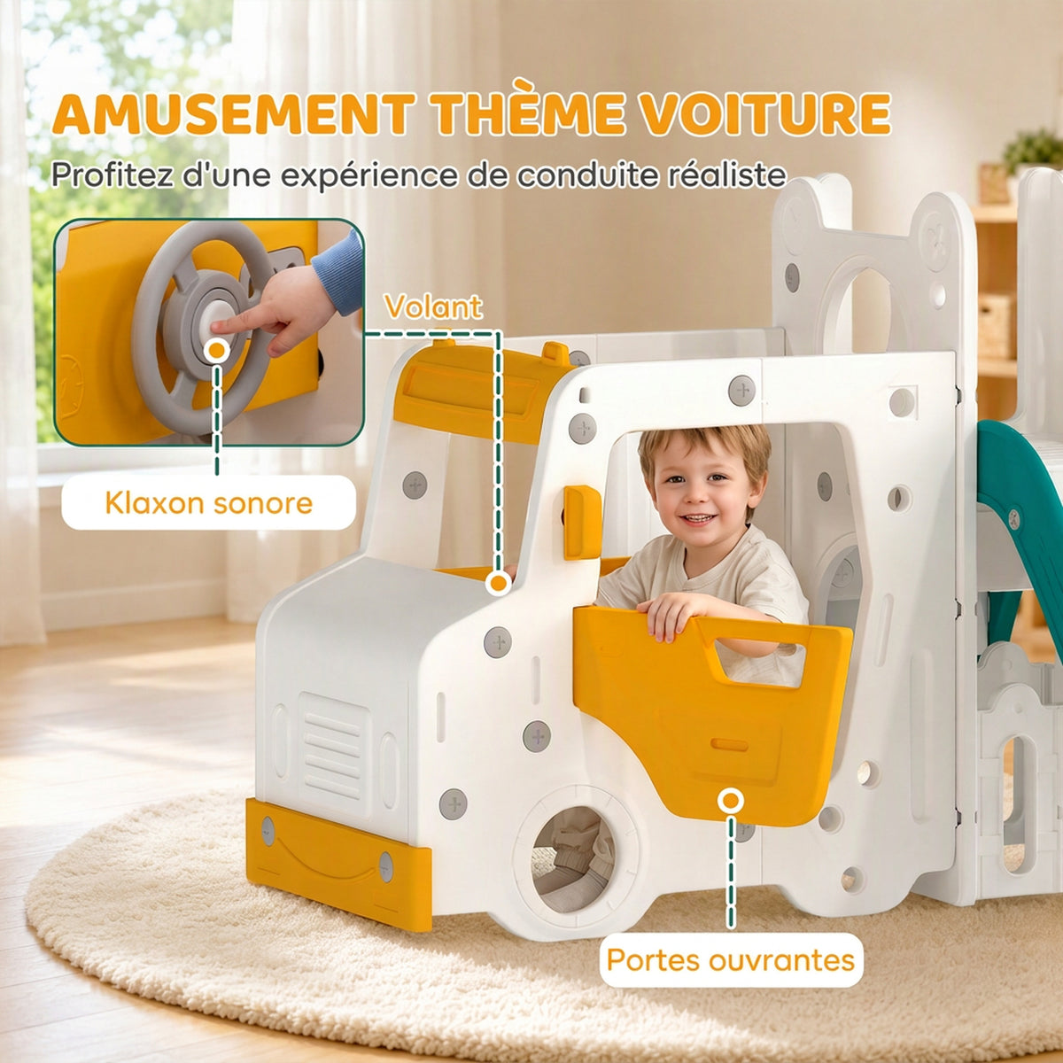 Ensemble Toboggan et Balançoire 7 en 1 pour Enfants, Aire de Jeux Intérieure, Thème Voiture, pour 1-4 Ans, Blanc-4
