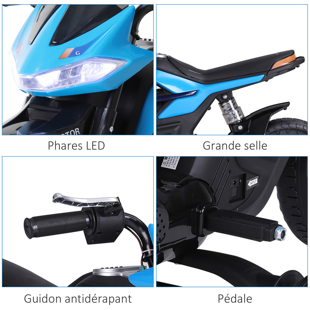 Moto électrique pour Enfants de 3-6 ans 25 W 6 V 3 Km/h Effets Lumineux et sonores roulettes Amovibles Charge max. 30 kg Bleu-6