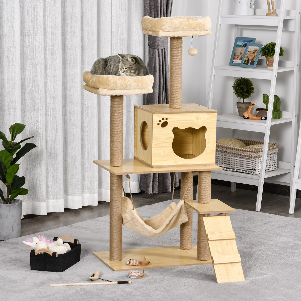 Arbre à chats design contemporain griffoirs grattoirs sisal naturel niche plate-formes hamac boule beige-9