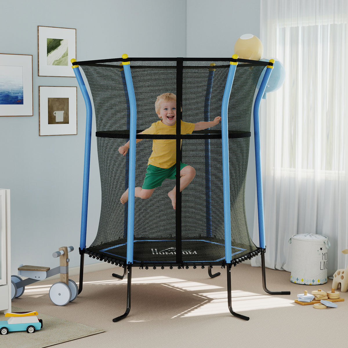 Trampoline pour enfant 1,22 x 1,11 x 1,9 m filet de sécurité porte zippée 6 poteaux rembourrés inclus bleu noir-9