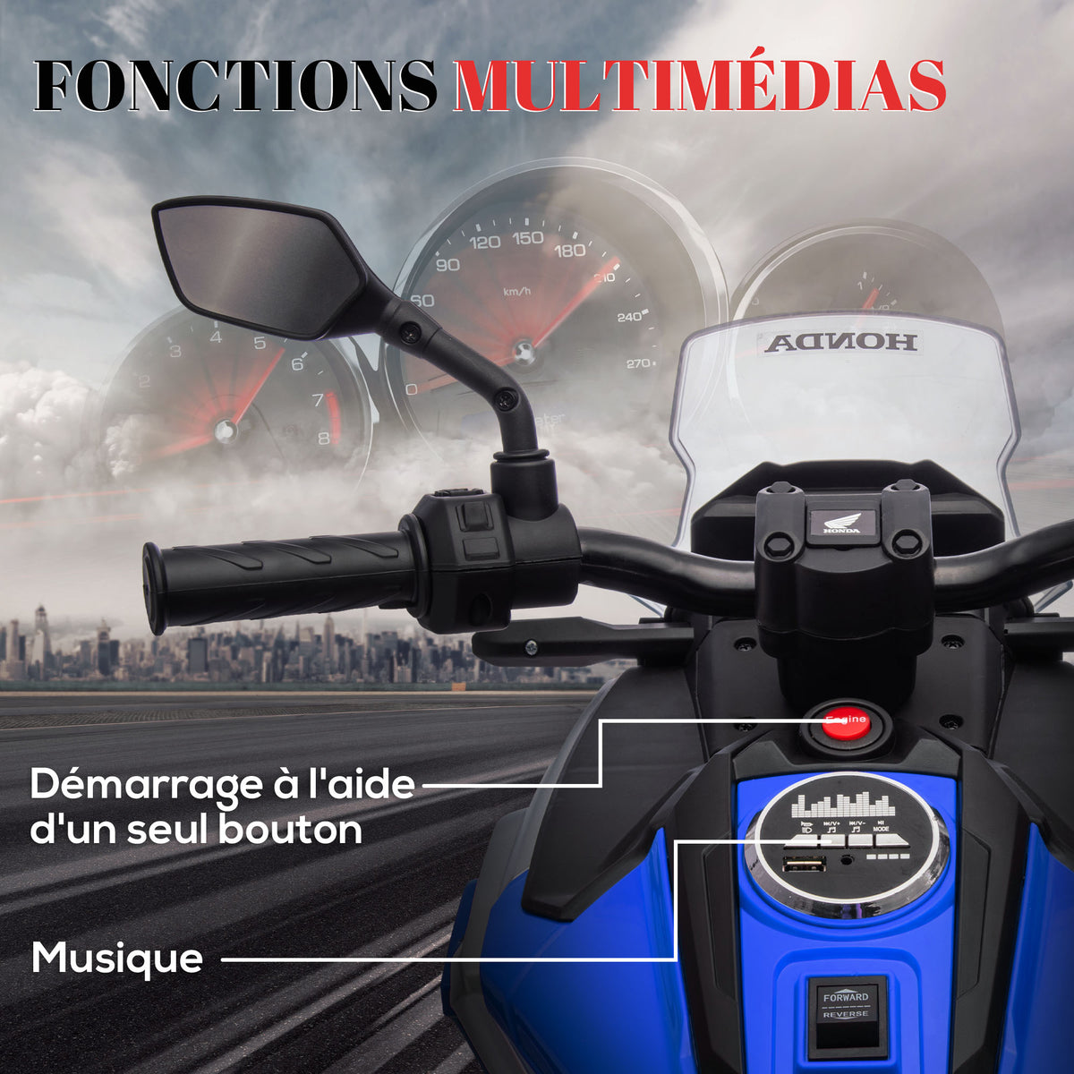 Moto électrique pour enfants moto porteur Honda pour enfants 3 à 6 ans avec musique, phares bleu-4