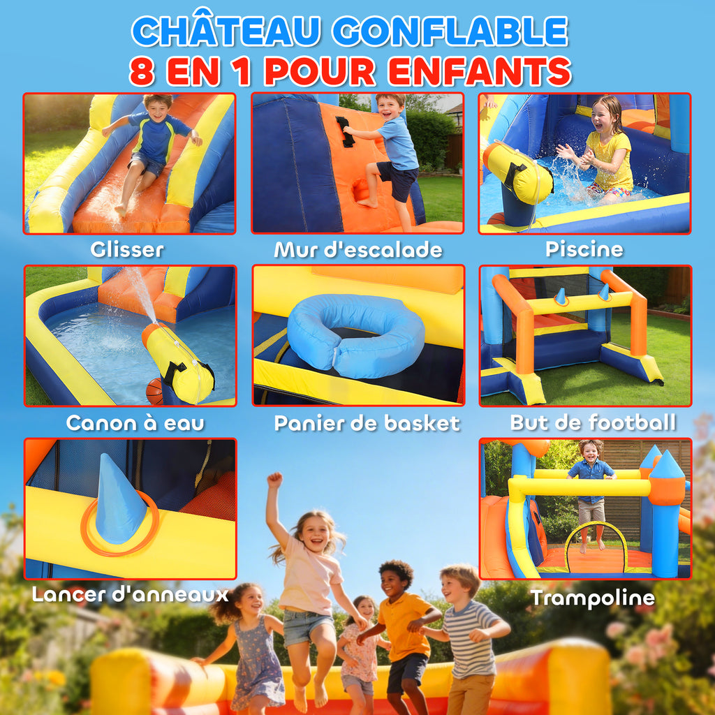 Château gonflable avec souffleur 8 en 1, parc aquatique, toboggan, trampoline, piscine à balles, multicolore-3