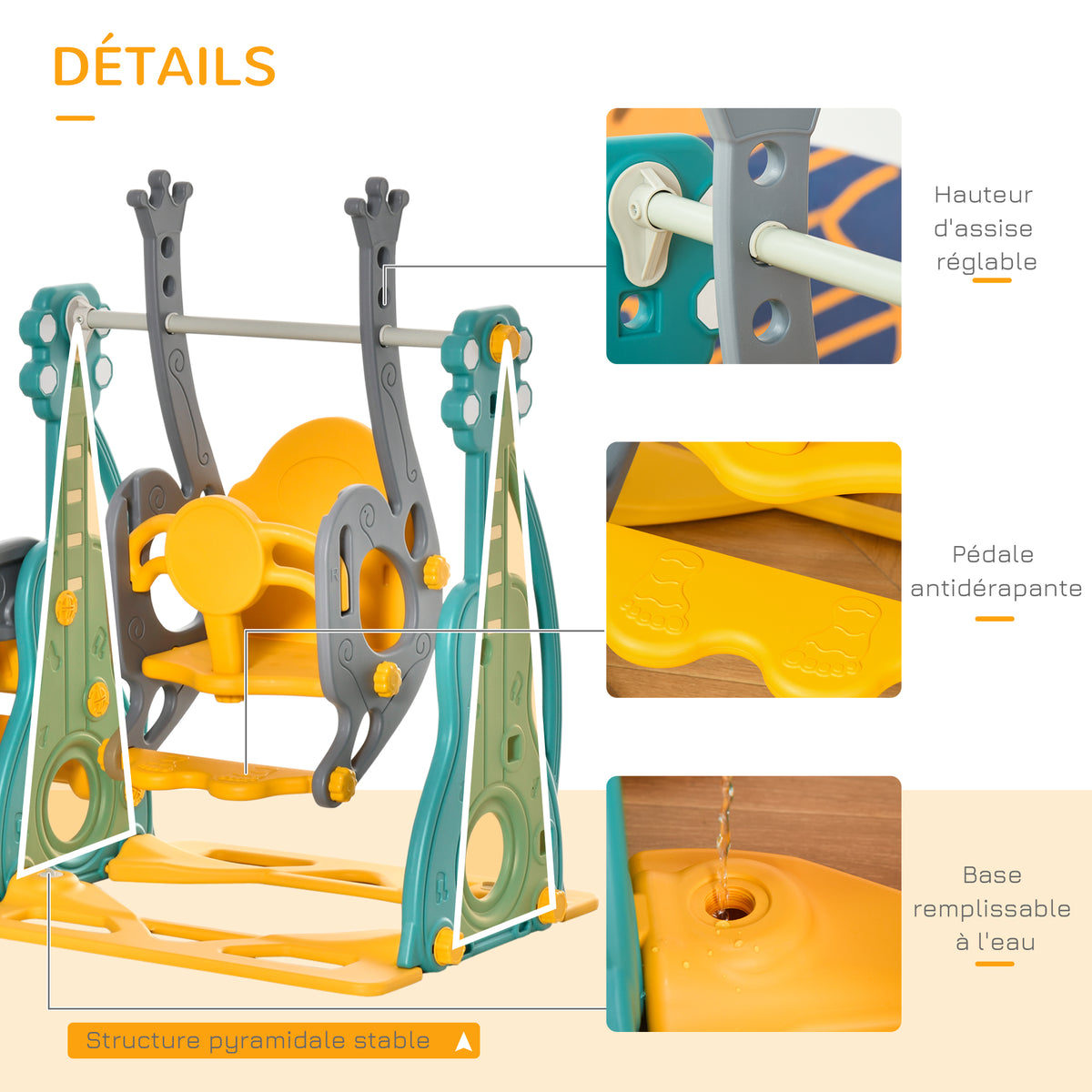 Toboggan et balançoire pour enfants 4 en 1 avec panier de basket, siège réglable, 152x149x107cm, bleu et jaune-6