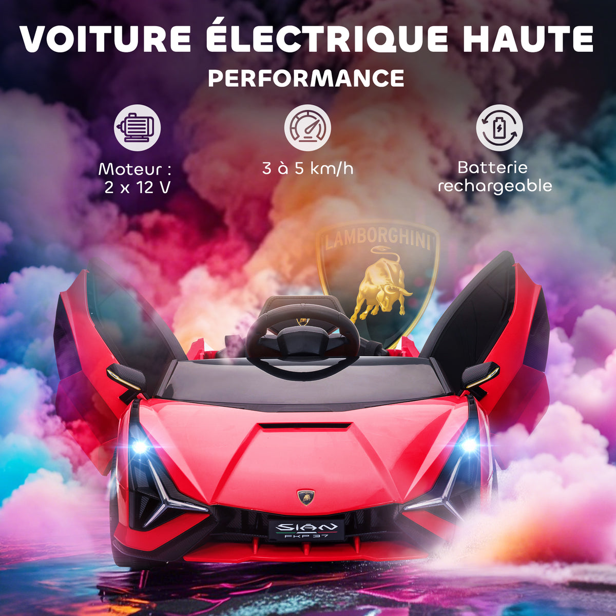 Voiture électrique Enfants de Sport Véhicule électrique Lamborghini Sian 12 V - V. Max. 5 Km/h avec Télécommande 2,4G Effets sonores + Lumineux Rouge-3