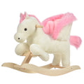 Cheval à Bascule Fonction Musicale Selle Grand Confort Peluche Courte Douce Pour Enfants 18-36 Mois Bois peuplier Blanc et Rose dim. 70L x 28l x 57H cm-0