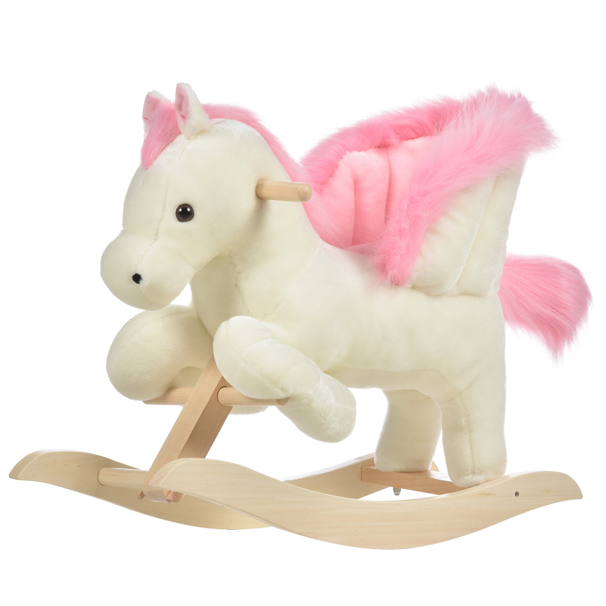 Cheval à Bascule Fonction Musicale Selle Grand Confort Peluche Courte Douce Pour Enfants 18-36 Mois Bois peuplier Blanc et Rose dim. 70L x 28l x 57H cm-0