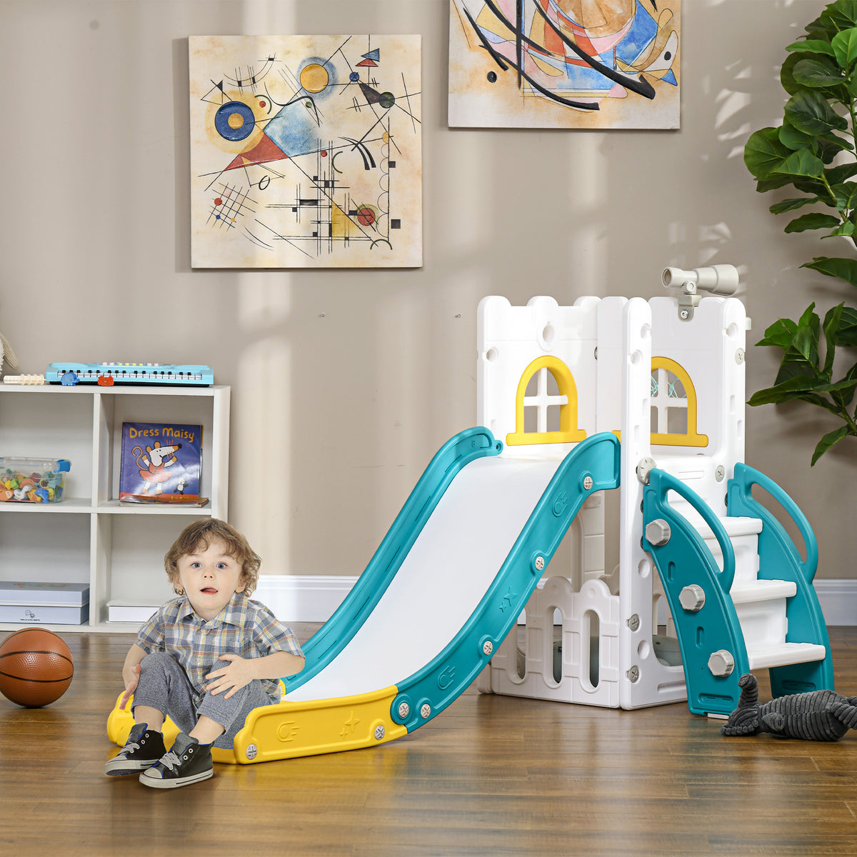 Toboggan pour enfants 5 en 1 avec panier de basket escalade télescope espace de rangement 70 x 177 x 92 cm jaune-1