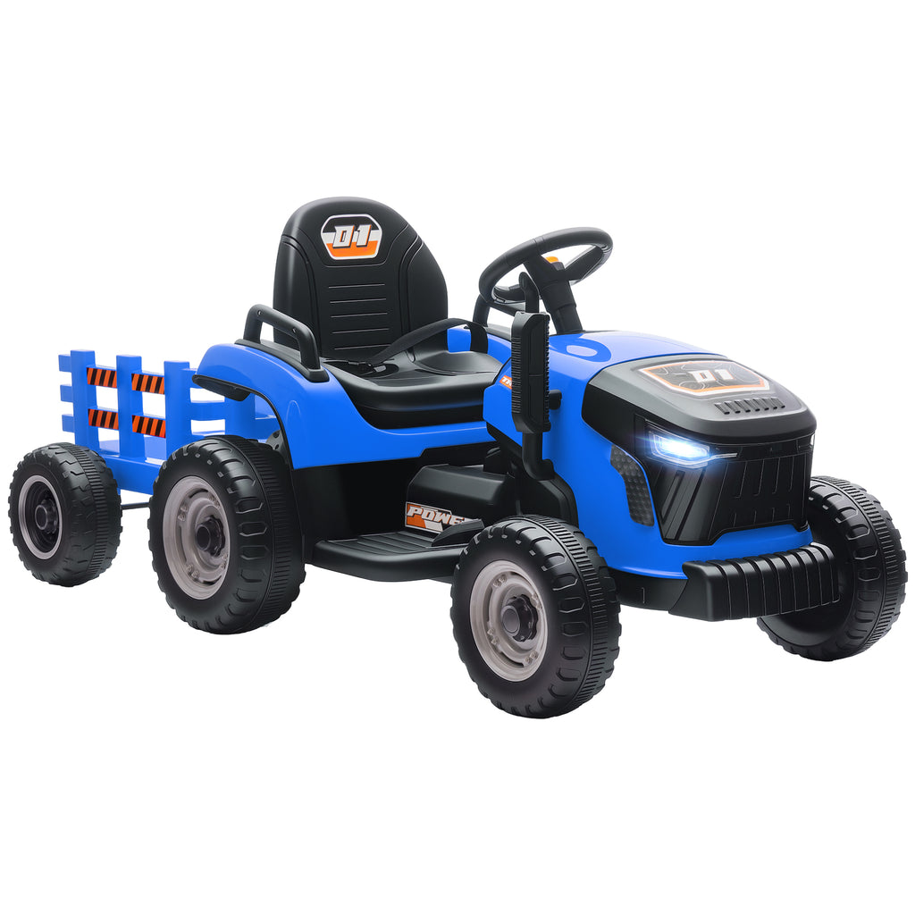 Tracteur électrique enfants avec remorque amovible, voiture électrique enfants, télécommande 2,4G, 139x58x55cm, bleu-0