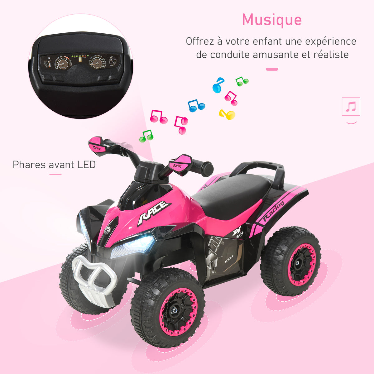 Porteur Enfants SANS Moteur Quad 18-36 Mois dim. 67L x 38l x 44H cm Effets Lumineux et sonores Rose Noir PAS ÉLECTRIQUE-3