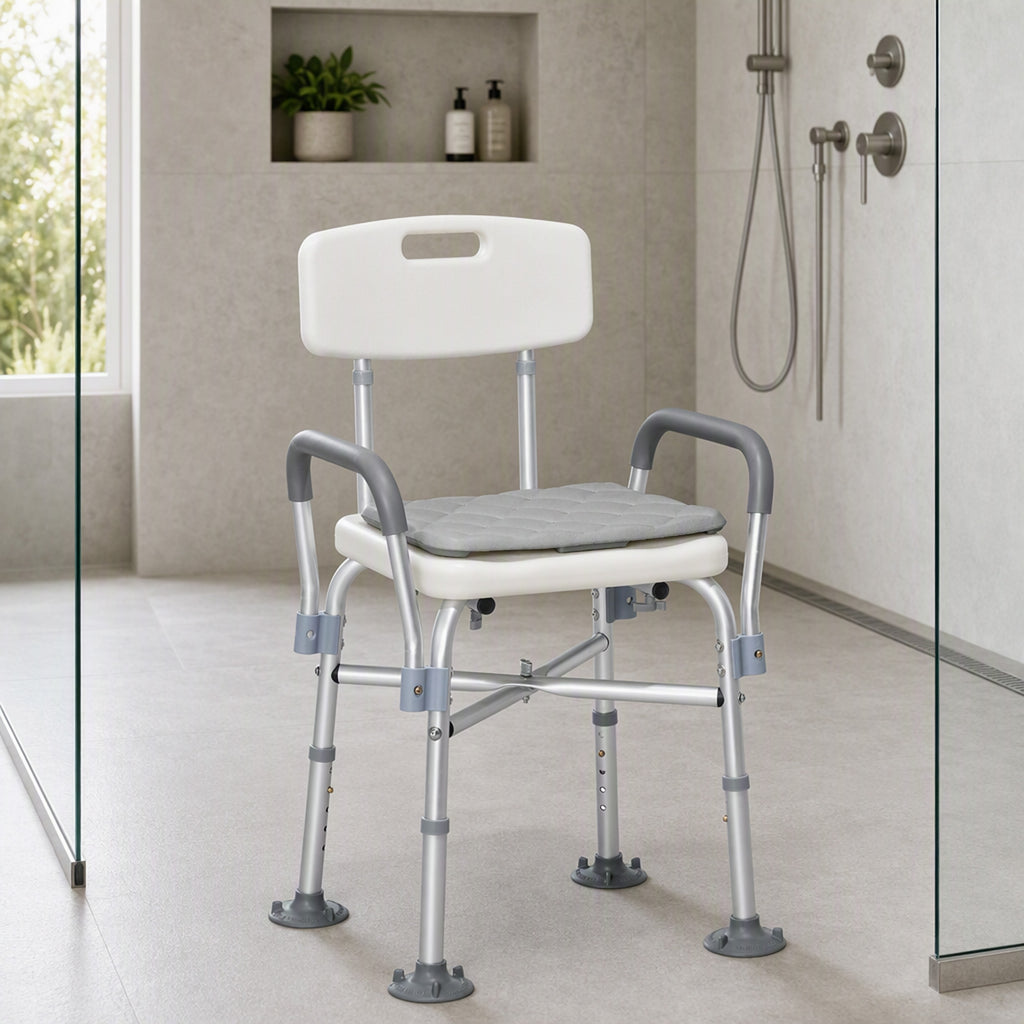 Tabouret de Douche Réglable en Hauteur à 5 Niveaux, Chaise de Douche, Accoudoirs Rembourrés et Coussin Amovible, Gris-7