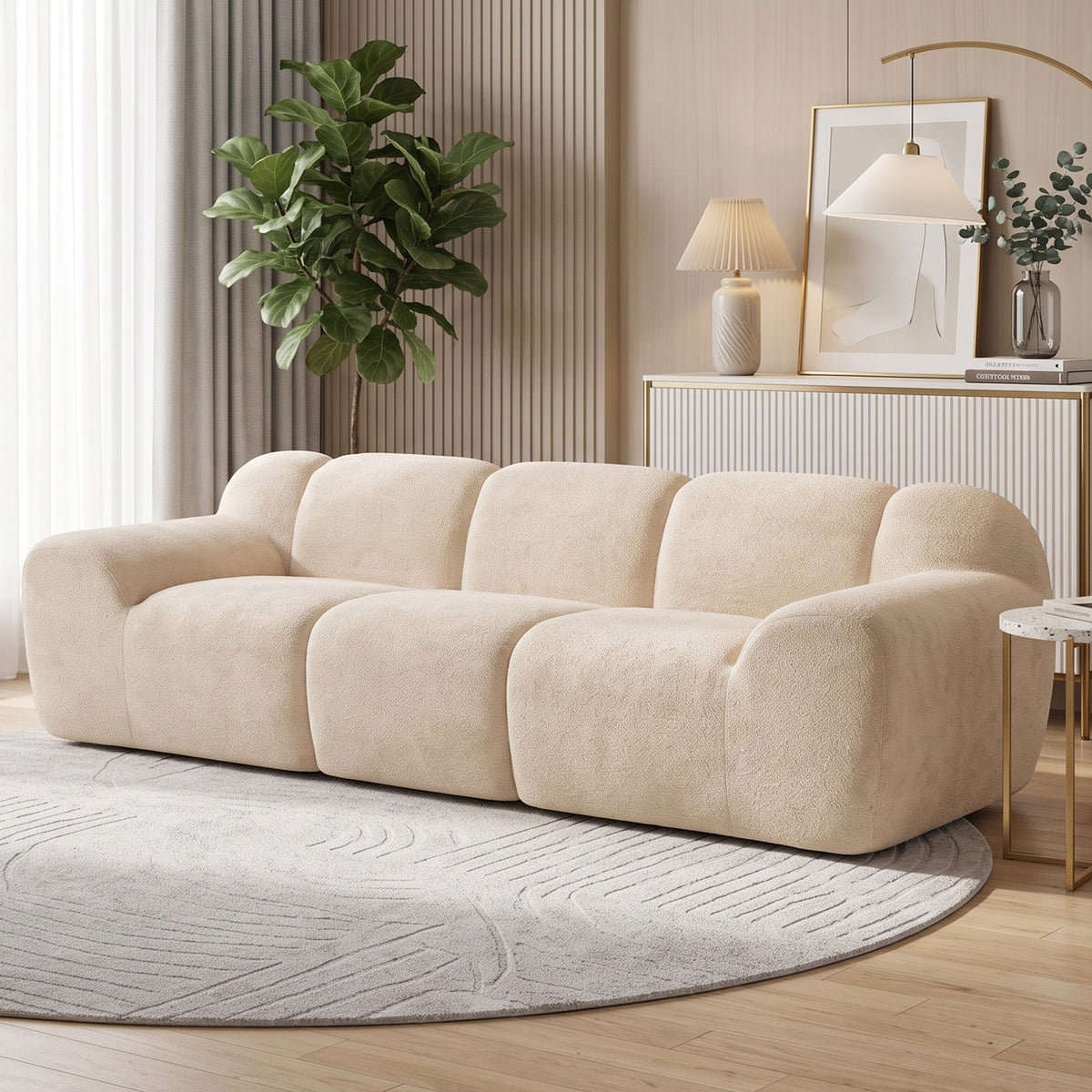 Canapé 3 Places 233 cm, Canapé Salon en Chenille Moderne avec Assise Profonde, Accoudoirs Larges, Beige-1