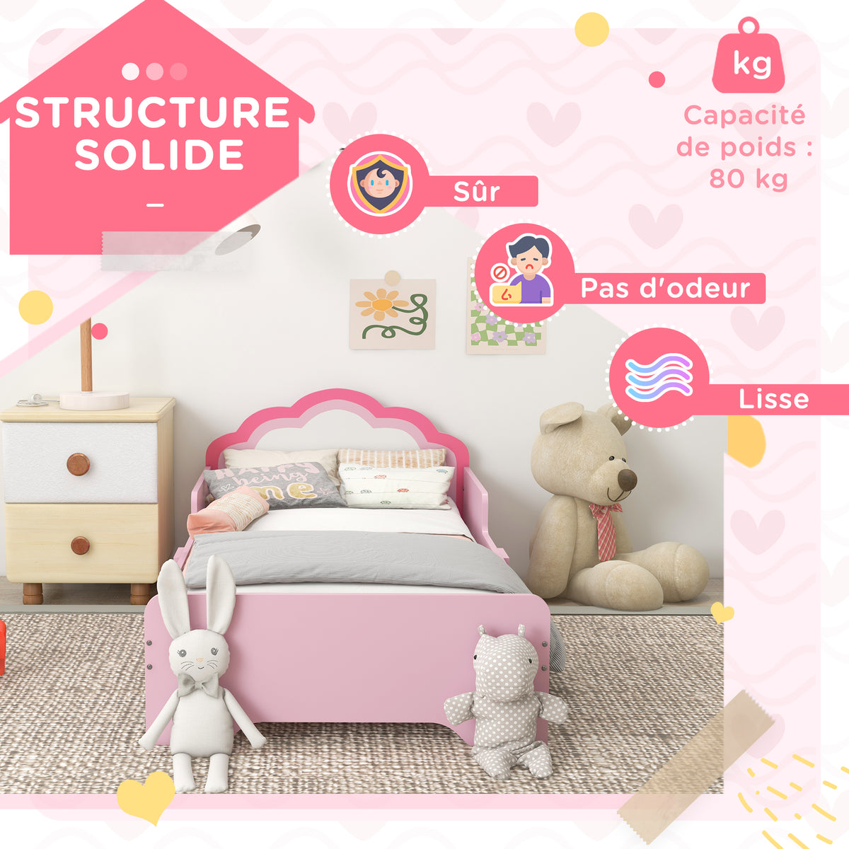 Lit pour enfants de 3 à 6 ans 143 x 74 x 55 cm design nuage sommier à lattes inclus chambre moderne rose-5
