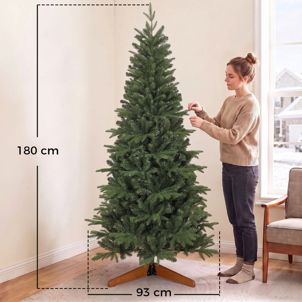 Sapin de Noël Artificiel 180 cm, Arbre de Noël, 1162 Branches Articulées en PE et PVC Ignifuge, Support en Bois Pliable-2