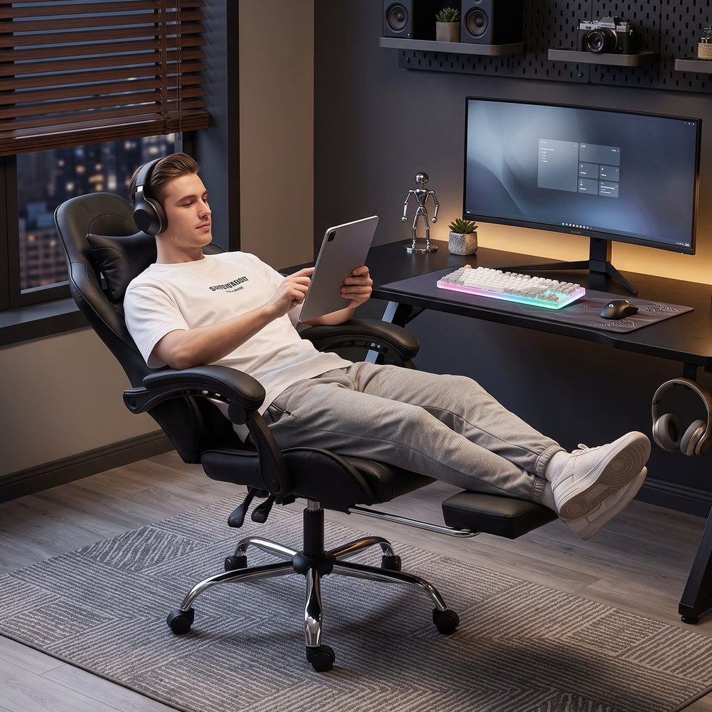 Chaise Gaming Ergonomique avec Coussin Lombaire Massant, Fauteuil Gaming Inclinable en Cuir Synthétique, Noir-8