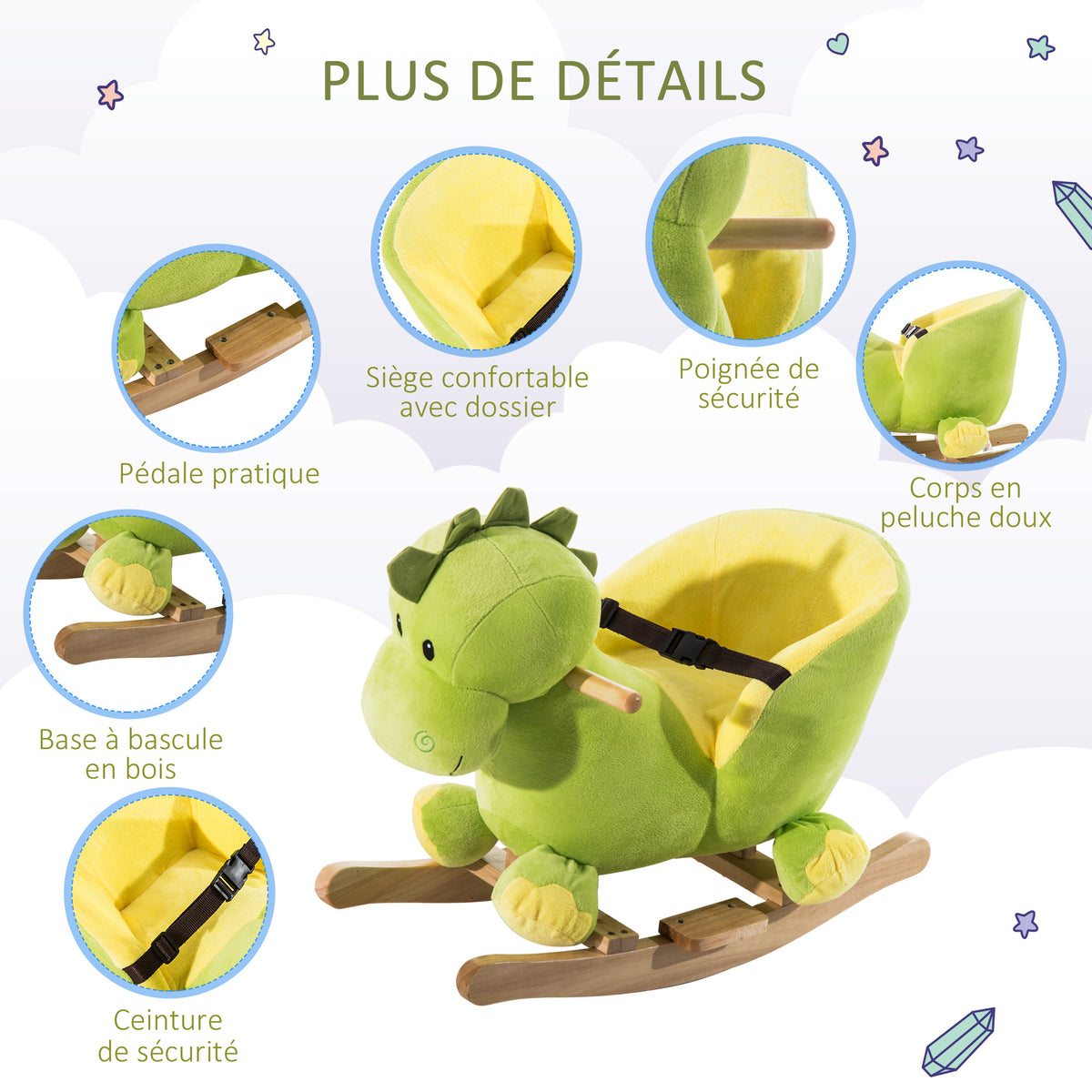 Jouet à Bascule Dinosaure Ceinture de sécurité Effet sonore 32 chansons pour enfants de 18+ Mois Bois Peluche Verte-6