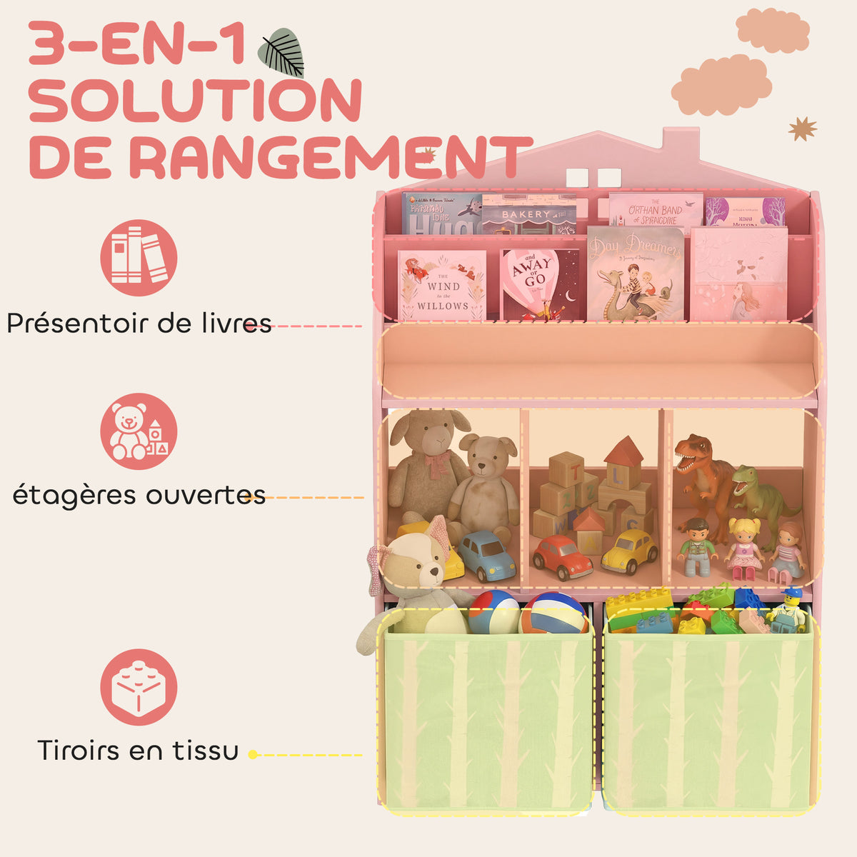 Meuble rangement enfant, bibliothèque enfants avec étagères ouvertes et 2 tiroirs en tissu, MDF, rose-3