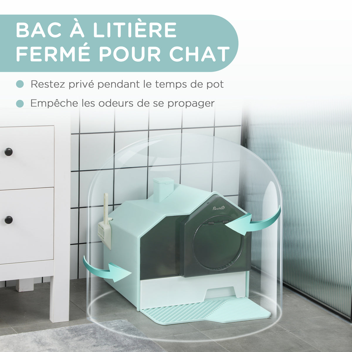 Maison de toilette bac à litière pour chat design maisonnette avec pelle, filtre et tapis dim. 47L x 45l x 42H cm bleu-5