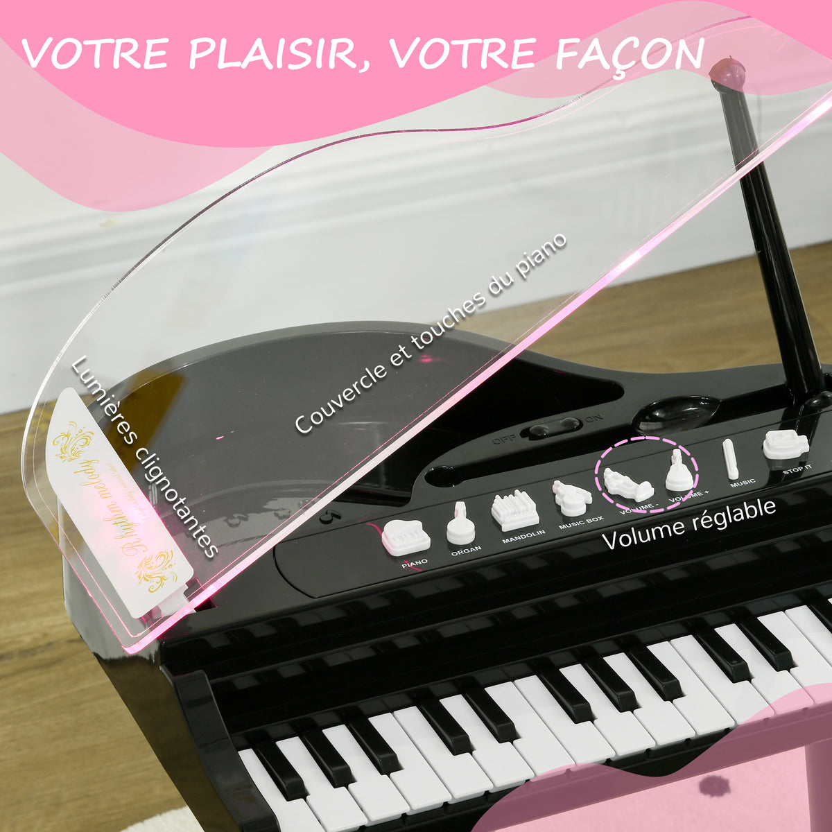 Piano enfant électronique 32 touches multifonctions avec micro haut parleur tabouret couvercle lumineux LED noir-4