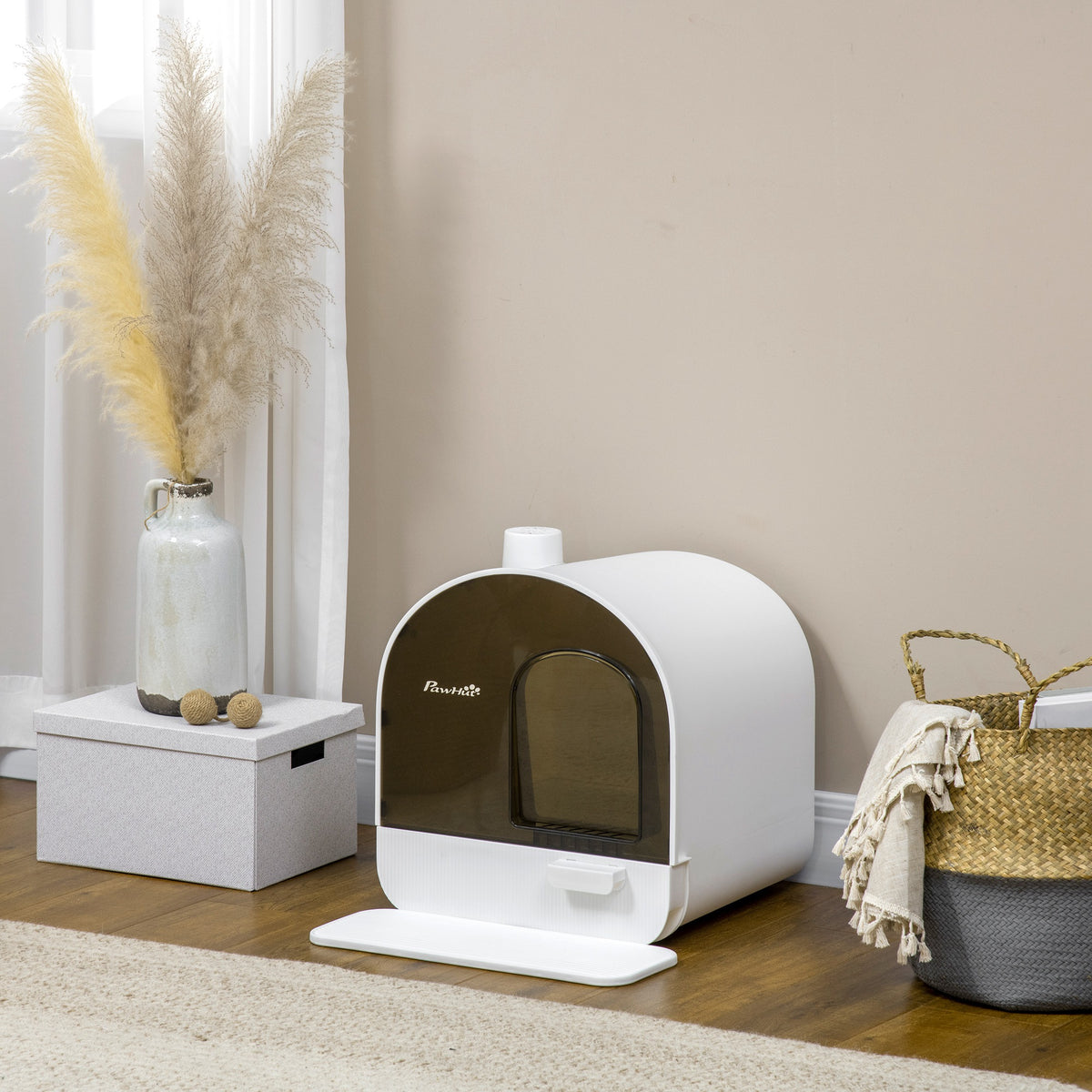 Maison de toilette pour chat avec tiroir amovible, bac à litière fermé avec tapis anti-trace, pelle, filtre anti-odeur et porte battante, nettoyage facile, 43 x 44 x 47 cm, blanc-9