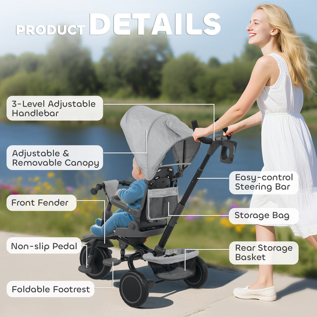 Tricycle bébé évolutif 6 en 1, tricycle enfant pliable avec poignée parentale réglable, siège pivotant 360°, gris-8
