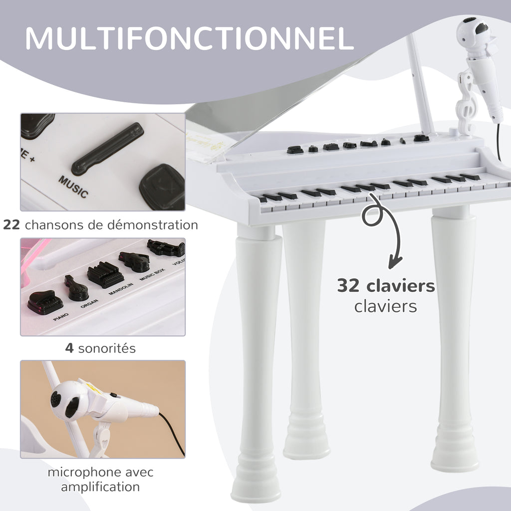 Piano enfant électronique 32 touches multifonctions avec micro haut parleur tabouret couvercle lumineux LED blanc-3