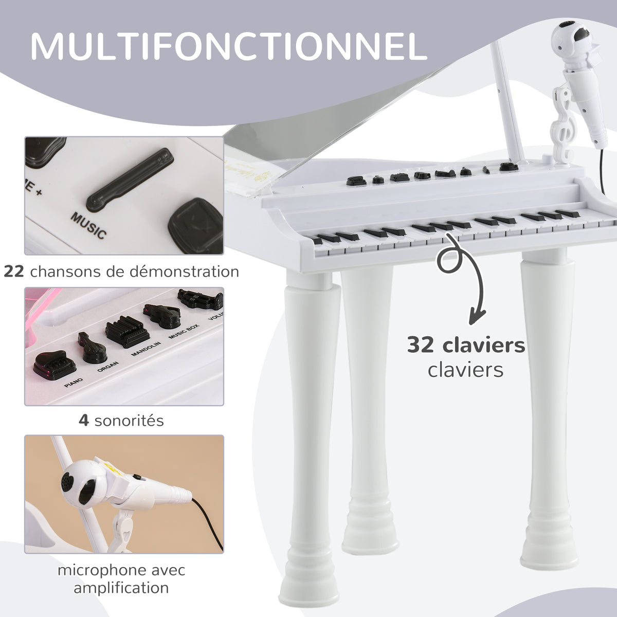 Piano enfant électronique 32 touches multifonctions avec micro haut parleur tabouret couvercle lumineux LED blanc-3
