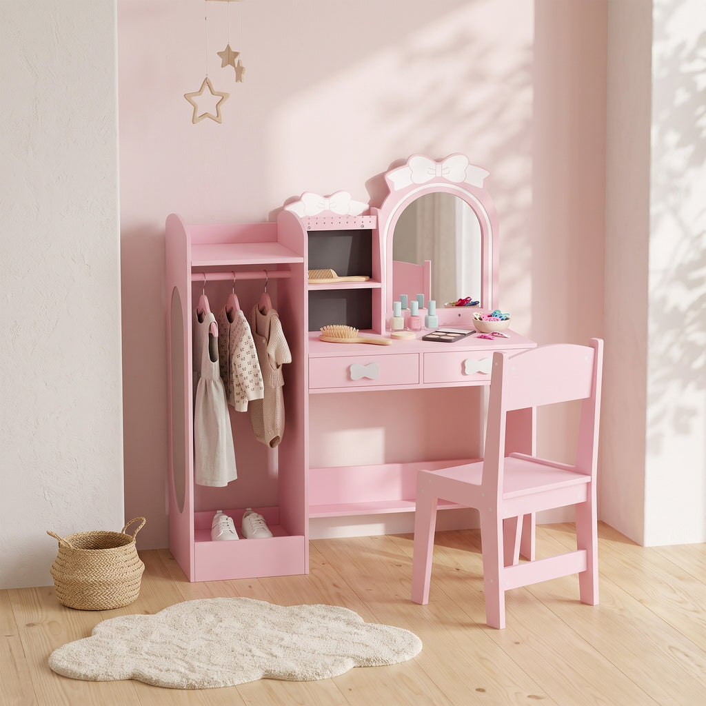 Coiffeuse pour Enfants avec Tabouret et Miroir Lumineux à 2 Couleurs en Acrylique, Coiffeuse Bureau Fille 3-8 Ans, Rose-8