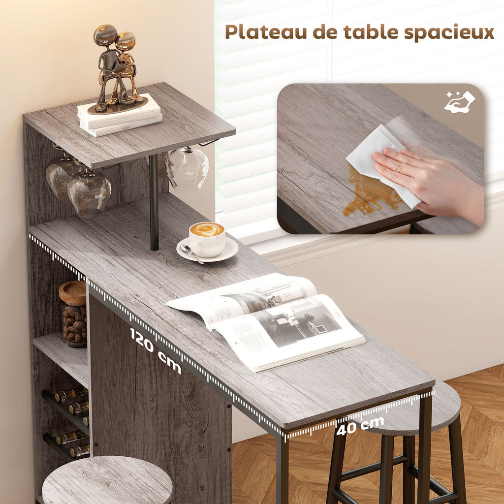 Ensemble table de bar avec tabourets, table à manger debout avec 2 chaises de bar étagères, casiers à vin, bois naturel-4