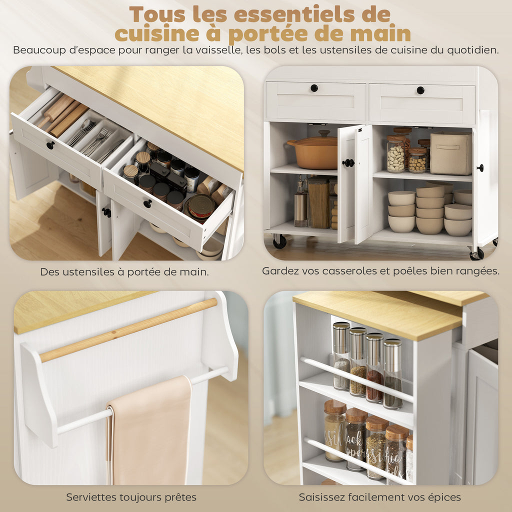 îlot central cuisine avec plateau extensible, desserte de cuisine sur roulettes avec 2 tiroirs, 4 portes, blanc-4