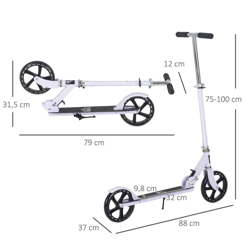 Trottinette Pliable Hauteur Guidon réglable sur 4 Niveaux système de freinage arrière pour enfant adolescent pois max. 100KG dim. 88L x 37l x 75-100H cm Blanc-2