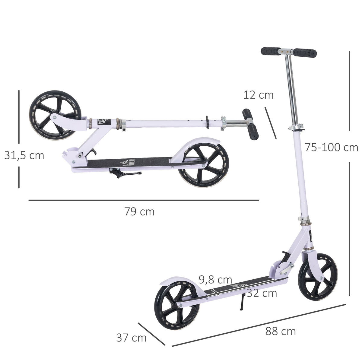 Trottinette Pliable Hauteur Guidon réglable sur 4 Niveaux système de freinage arrière pour enfant adolescent pois max. 100KG dim. 88L x 37l x 75-100H cm Blanc-2