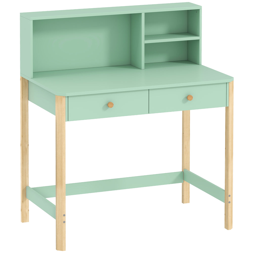 Bureau enfant en bois, bureau avec rangement, 2 tiroirs et 3 compartiments ouverts, plateau large, 90x52x105cm, vert-0