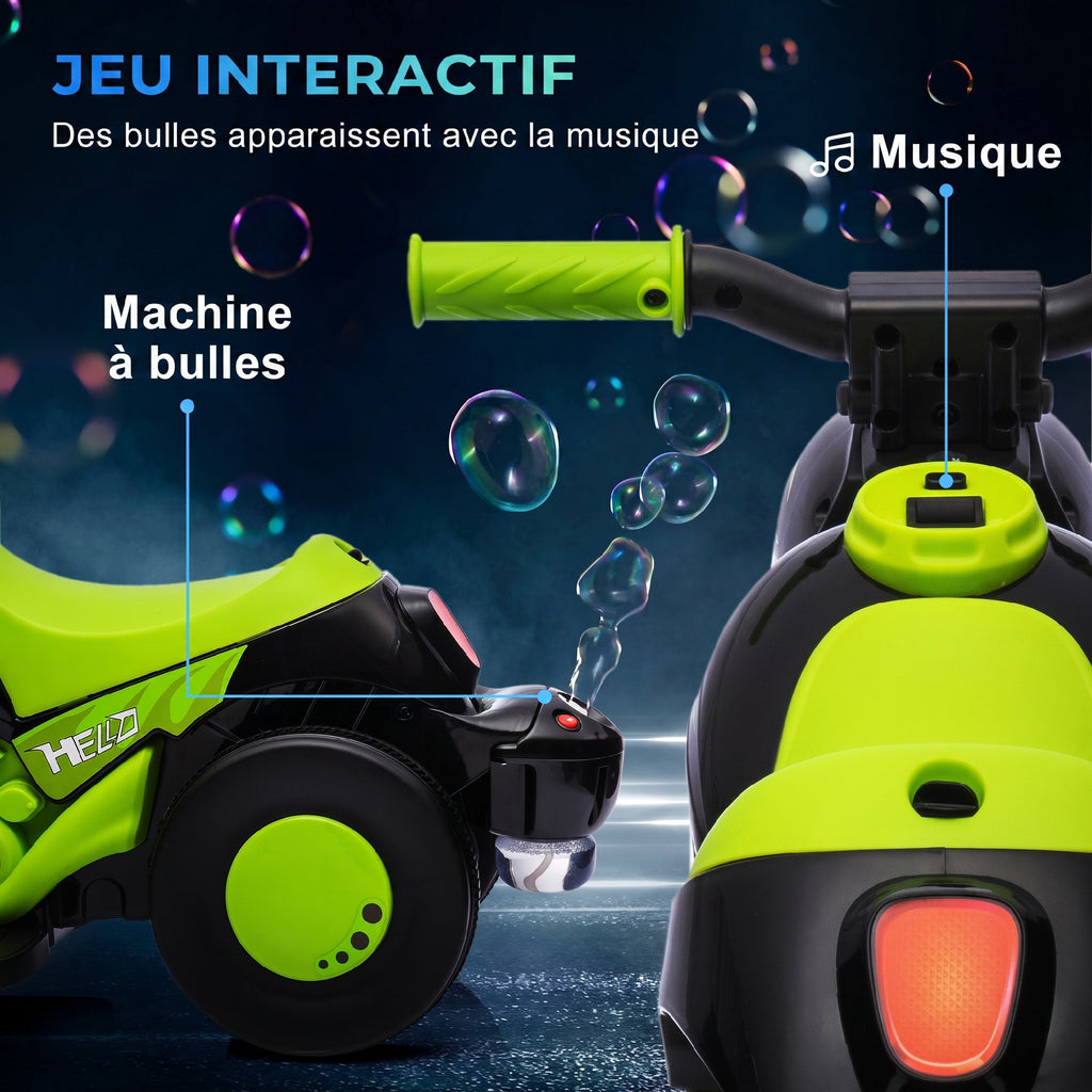 Moto électrique enfants 2-5 ans, 3 roues, 6 V, 3 km/h, avec fonction de bulles, effets lumineux et sonores, vert-3