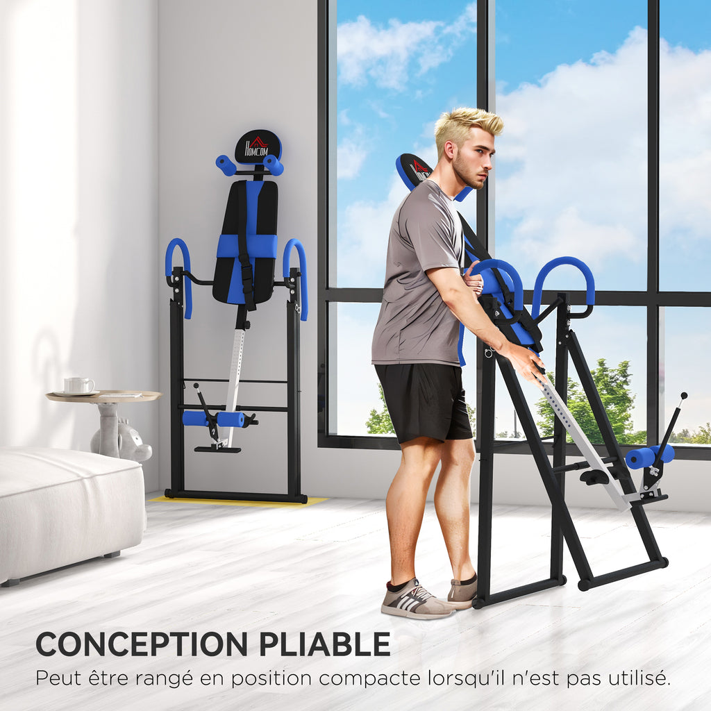 Table d'inversion de musculation pliable ceinture de sécurité réglable angle ajustable 3 niveaux 79x114x153cm bleu noir-6