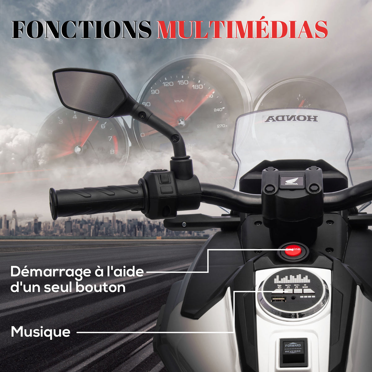 Moto électrique pour enfants moto porteur Honda pour enfants 3 à 6 ans avec musique, phares blanc-4
