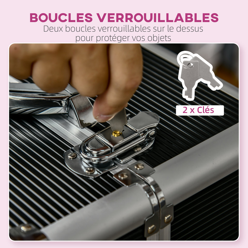 Valise trolley maquillage mallette cosmétique vanity poignée télescopique réglable 36L x 23l x 58H cm alu ABS noir-5