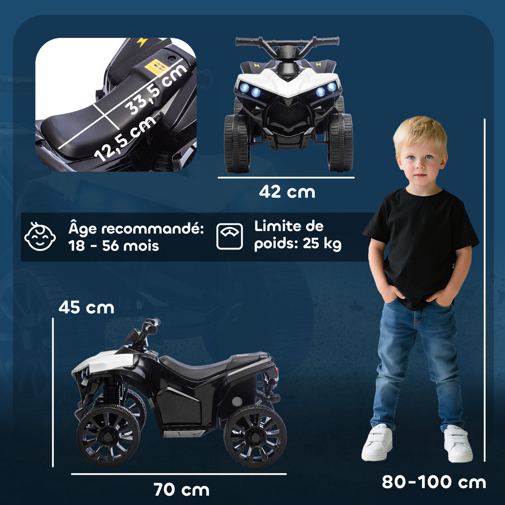 Quad électrique enfant 6V, voiture électrique enfants ATV, musique et phares LED, pour 18-56 mois, 70x42x45cm, blanc-2