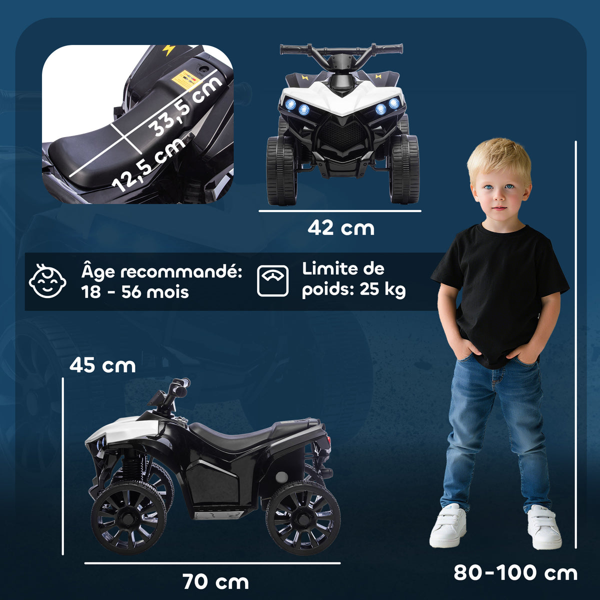 Quad électrique enfant 6V, voiture électrique enfants ATV, musique et phares LED, pour 18-56 mois, 70x42x45cm, blanc-2
